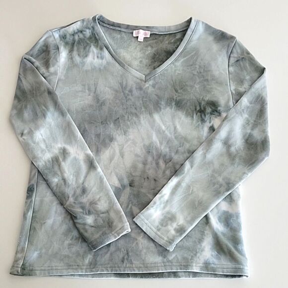 Pink Lily Impressive Moves Long Sleeve Tie Dyed Sage Pullover V-Neck Large - Picture 2 of 4